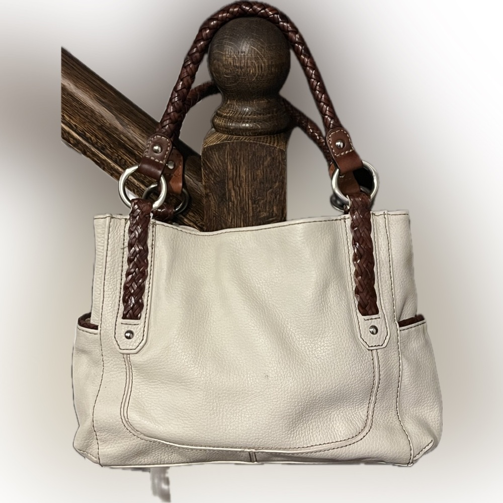 Fossil 75082 Cream Pebbled Leather Satchel Brown Braided Handles
